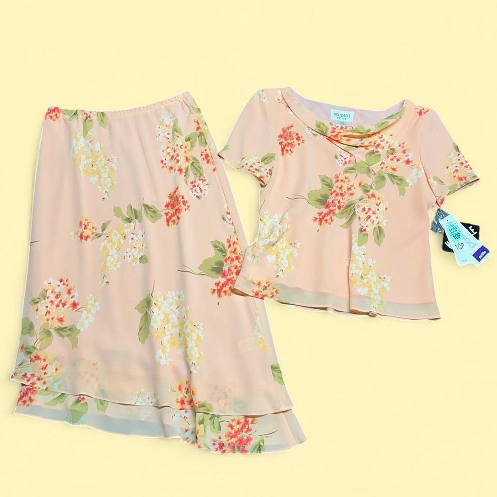 Vintage Studio I Petite Skirt Set 10P Pink Floral Asymmetrical Chiffon 2pc NWT